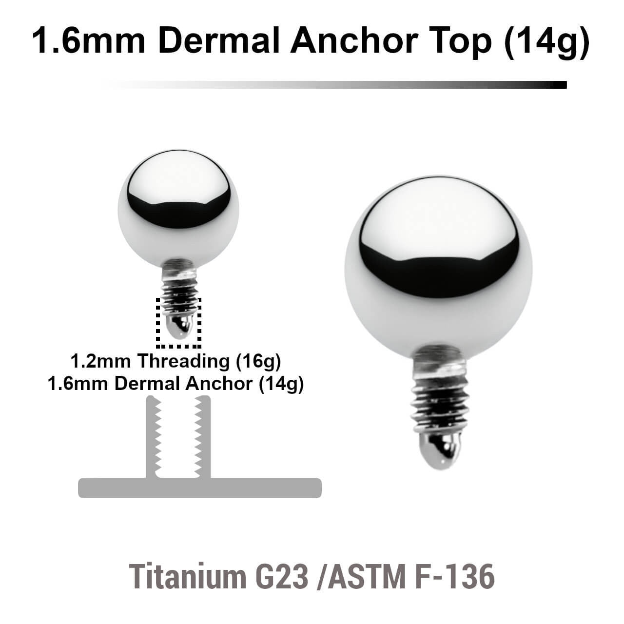 Pack of 10 high polished Titanium G23 ball shaped dermal anchor tops in size 4mm, internal thread size 1.2mm