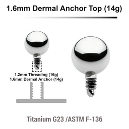 Pack of 10 high polished Titanium G23 ball shaped dermal anchor tops in size 4mm, internal thread size 1.2mm