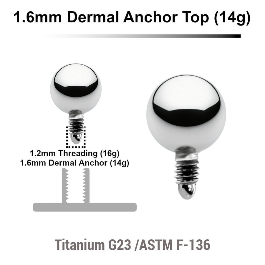 Pack of 10 high polished Titanium G23 ball shaped dermal anchor tops in size 4mm, internal thread size 1.2mm