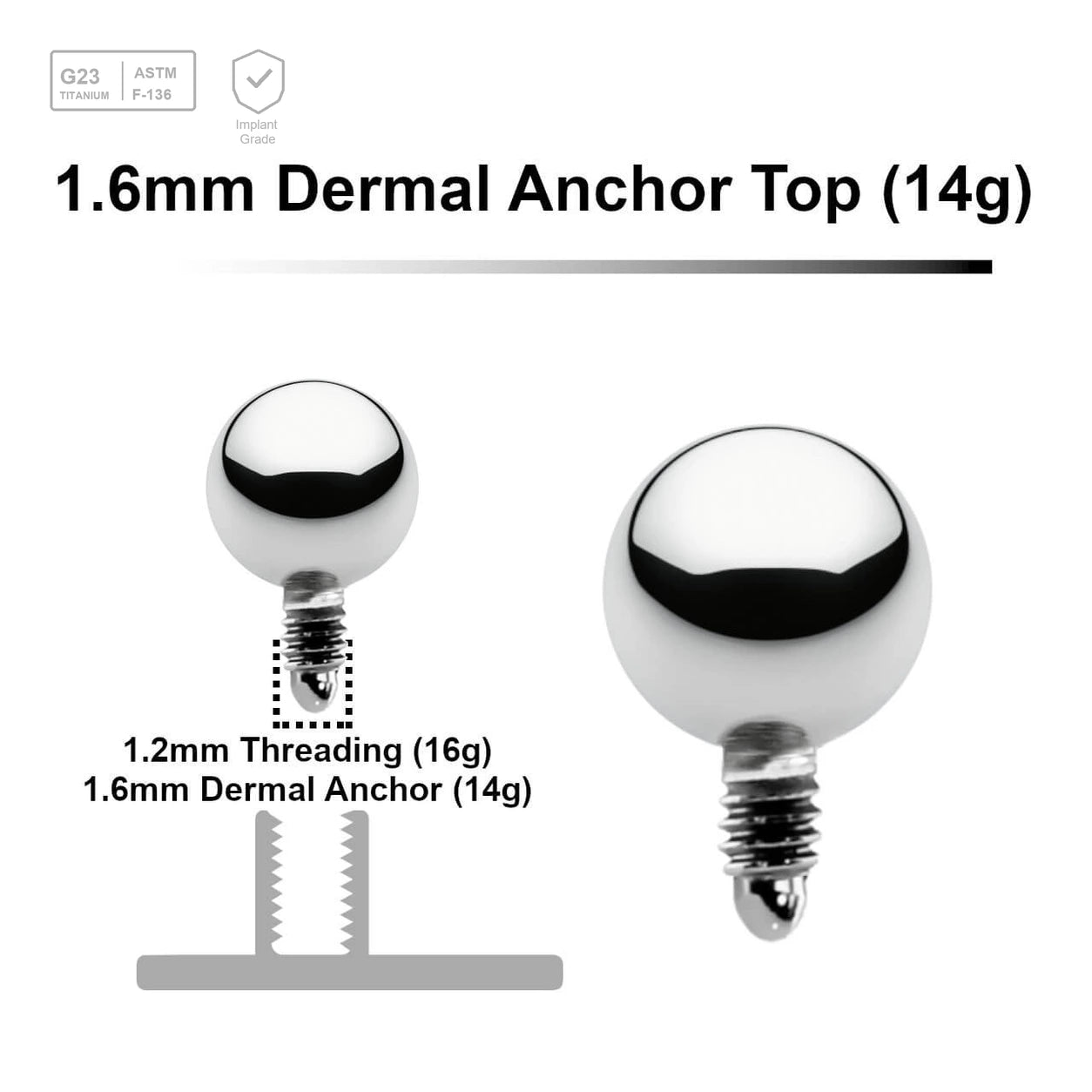 Pack of 10 high polished Titanium G23 ball shaped dermal anchor tops in size 4mm, internal thread size 1.2mm - G23 ASTM F-136 implant grade titanium body jewelry