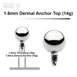 Pack of 10 high polished Titanium G23 ball shaped dermal anchor tops in size 4mm, internal thread size 1.2mm - G23 ASTM F-136 implant grade titanium body jewelry
