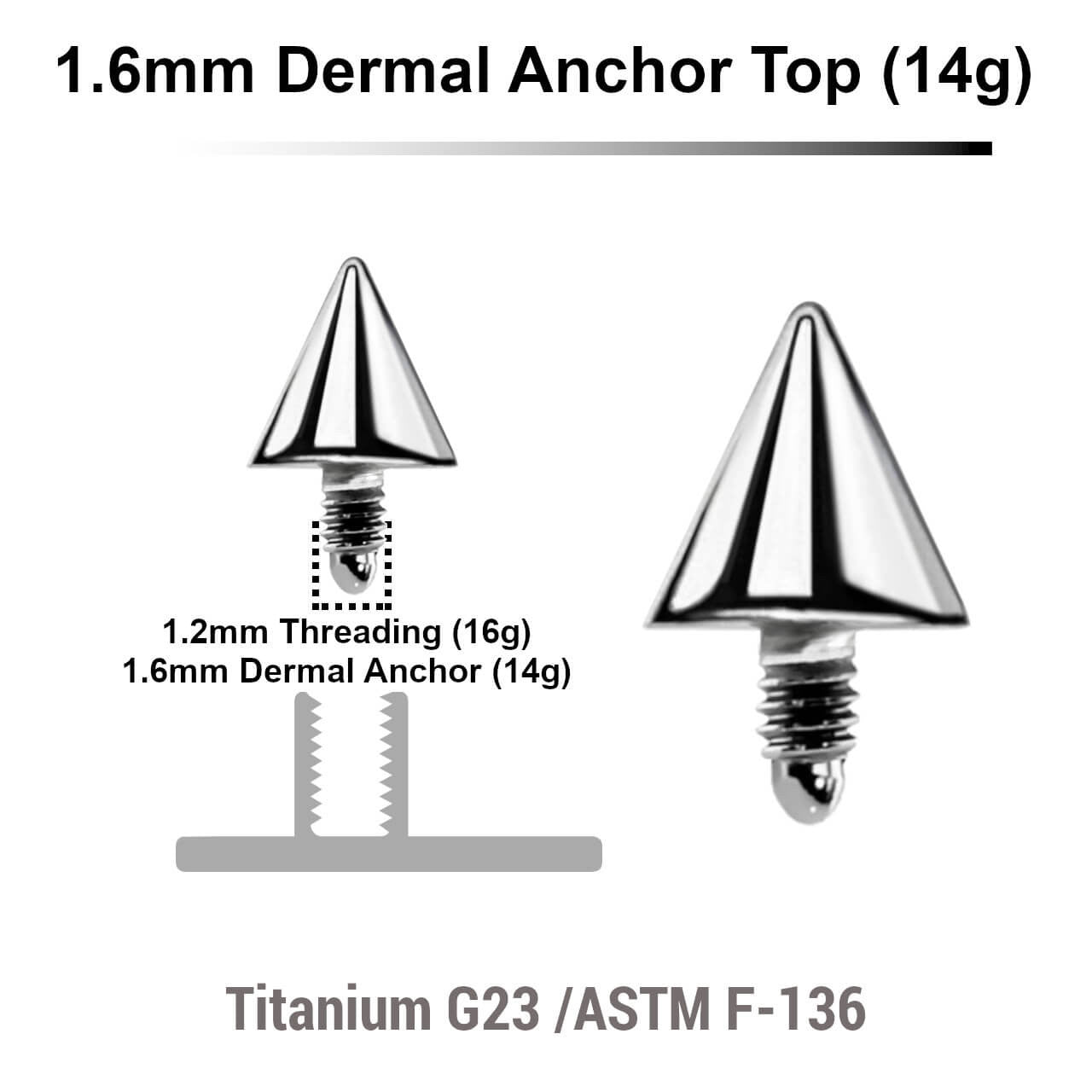 Pack of 10 high polished Titanium G23 cone shaped dermal anchor tops in size 4mm, internal thread size 1.2mm