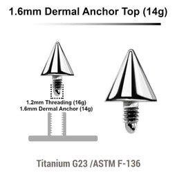 Pack of 10 high polished Titanium G23 cone shaped dermal anchor tops in size 4mm, internal thread size 1.2mm