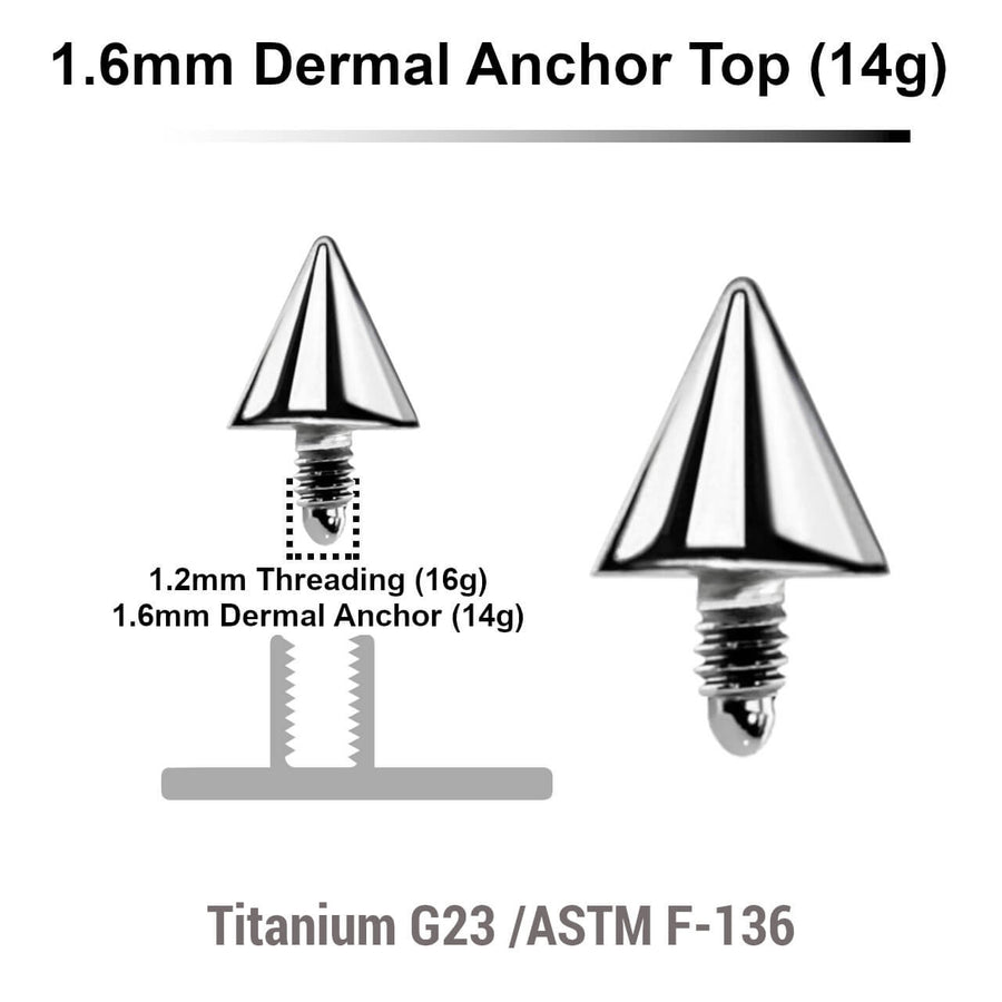 Pack of 10 high polished Titanium G23 cone shaped dermal anchor tops in size 4mm, internal thread size 1.2mm