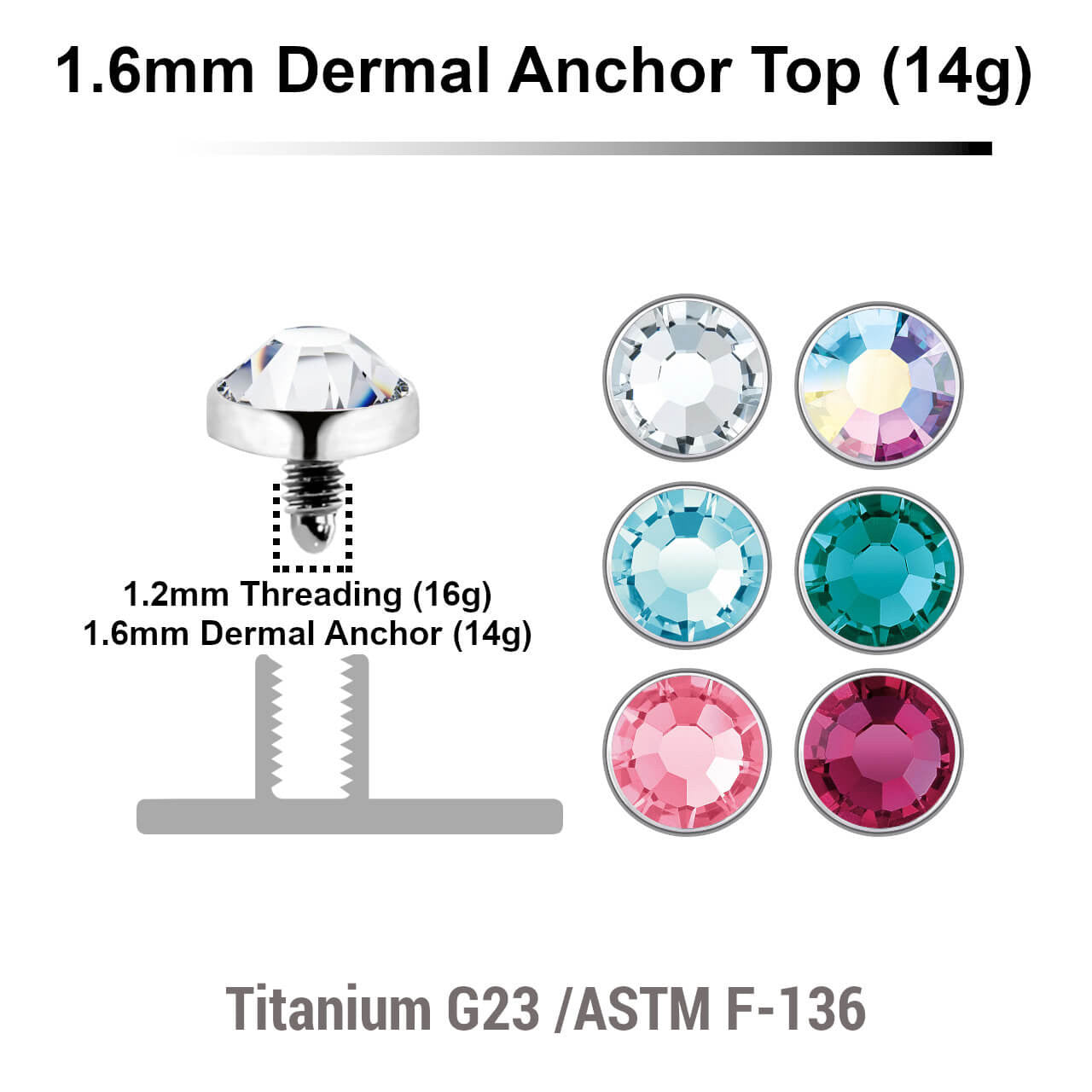 Pack of 10 high polished Titanium G23 flat disk dermal anchor tops with bezel set crystal, size 4mm, internal thread size 1.2mm