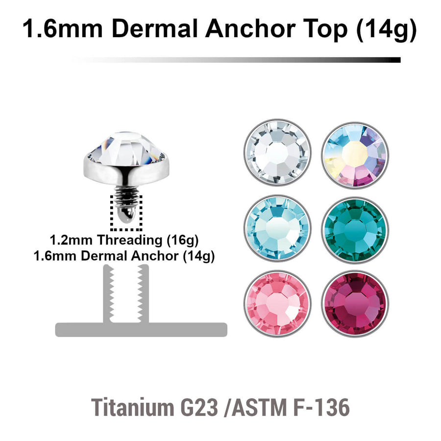 Pack of 10 high polished Titanium G23 flat disk dermal anchor tops with bezel set crystal, size 4mm, internal thread size 1.2mm