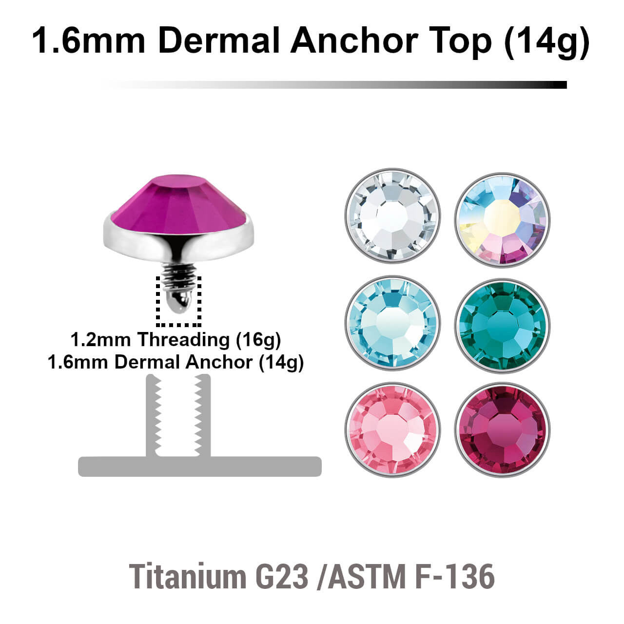 Pack of 10 high polished Titanium G23 flat disk dermal anchor tops with bezel set crystal, size 5mm, internal thread size 1.2mm
