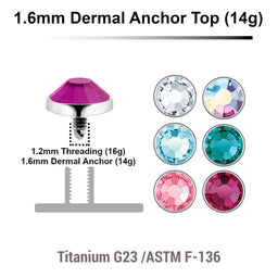 Pack of 10 high polished Titanium G23 flat disk dermal anchor tops with bezel set crystal, size 5mm, internal thread size 1.2mm