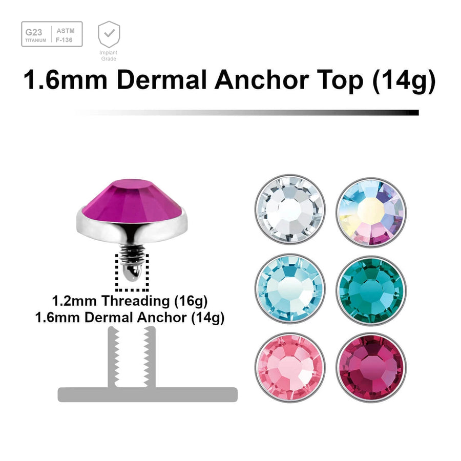 Pack of 10 high polished Titanium G23 flat disk dermal anchor tops with bezel set crystal, size 5mm, internal thread size 1.2mm - G23 ASTM F-136 implant grade titanium body jewelry