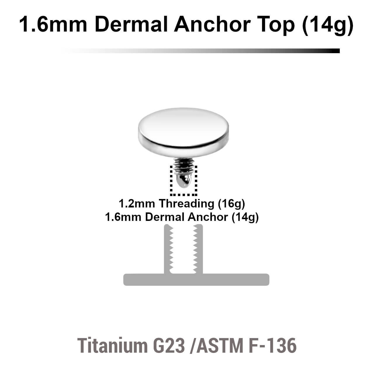 Pack of 10 high polished Titanium G23 flat disk dermal anchor tops in size 5mm, internal thread size 1.2mm