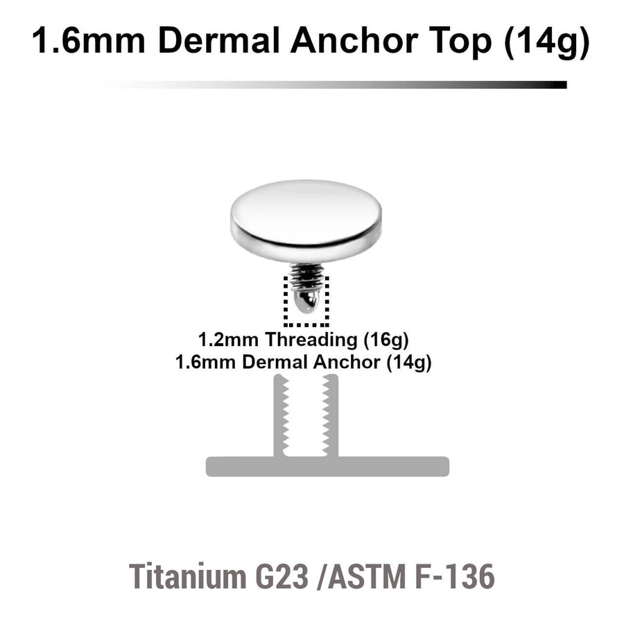 Pack of 10 high polished Titanium G23 flat disk dermal anchor tops in size 5mm, internal thread size 1.2mm