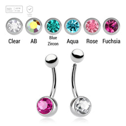 Wholesale pack of 10 high polished titanium G23 belly bananas, Thickness 1.6mm, with plain titanium 5mm top ball and lower 8 mm bezel set crystal ball - G23 ASTM F-136 implant grade titanium body jewelry