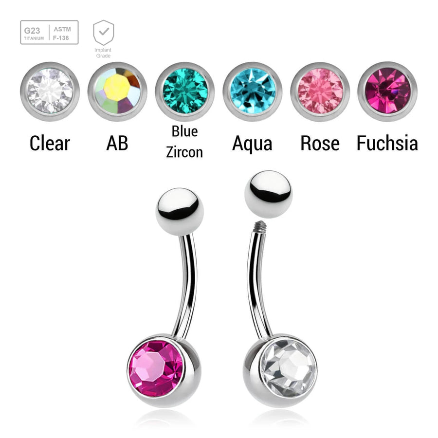 Wholesale pack of 10 high polished titanium G23 belly bananas, Thickness 1.6mm, with plain titanium 5mm top ball and lower 8 mm bezel set crystal ball - G23 ASTM F-136 implant grade titanium body jewelry