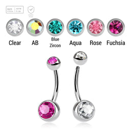 Wholesale pack of 10 high polished titanium G23 belly bananas, Thickness 1.6mm, with 5 mm + 8 mm bezel set crystal balls - G23 ASTM F-136 implant grade titanium body jewelry