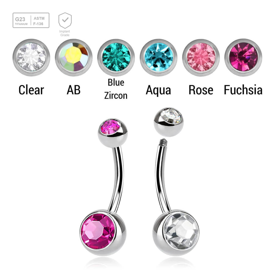 Wholesale pack of 10 high polished titanium G23 belly bananas, Thickness 1.6mm, with 5 mm + 8 mm bezel set crystal balls - G23 ASTM F-136 implant grade titanium body jewelry