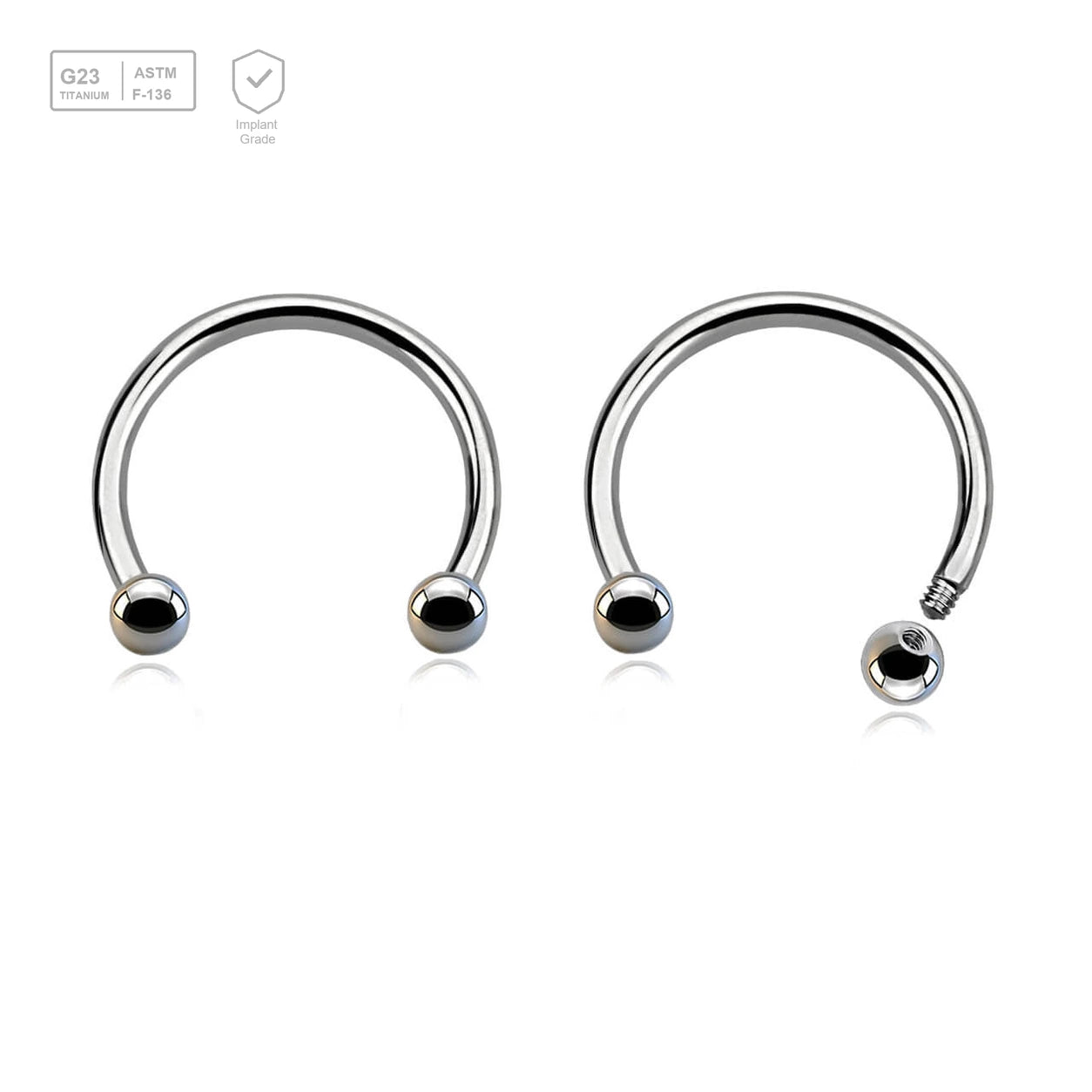 Wholesale Pack of 10 high polished titanium G23 horseshoe circular barbells, Thickness 1.2mm, Ball size 2.5mm - G23 ASTM F-136 implant grade titanium body jewelry