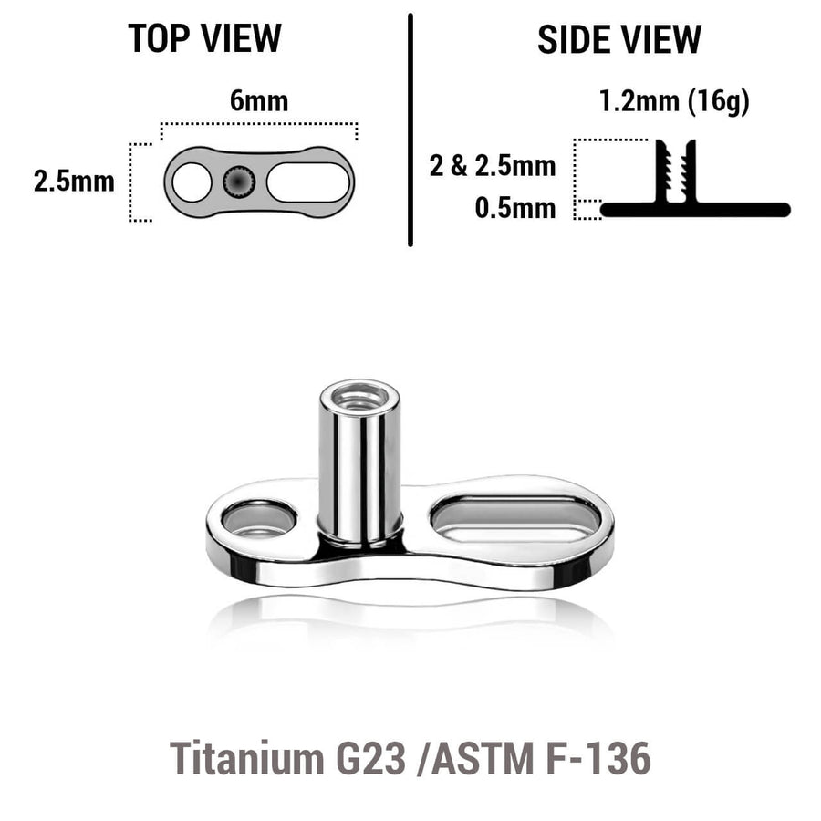 Pack of 10 high polished titanium G23 dermal anchor base plates with a length of 6mm with 1 round hole and one elongated hole. External size of the pin is 1.2mm and internal thread size is 0.9mm