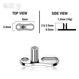 Pack of 10 high polished titanium G23 dermal anchor base plates with a length of 6mm with 1 round hole and one elongated hole. External size of the pin is 1.2mm and internal thread size is 0.9mm - G23 ASTM F-136 implant grade titanium body jewelry