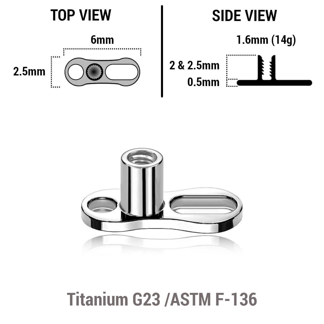 Pack of 10 high polished titanium G23 dermal anchor base plates with a length of 6mm with 1 round hole and one elongated hole. External size of the pin is 1.6mm and internal thread size is 1.2mm
