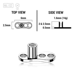 Pack of 10 high polished titanium G23 dermal anchor base plates with a length of 6mm with 3 round holes. External size of the pin is 1.6mm and internal thread size is 1.2mm - G23 ASTM F-136 implant grade titanium body jewelry