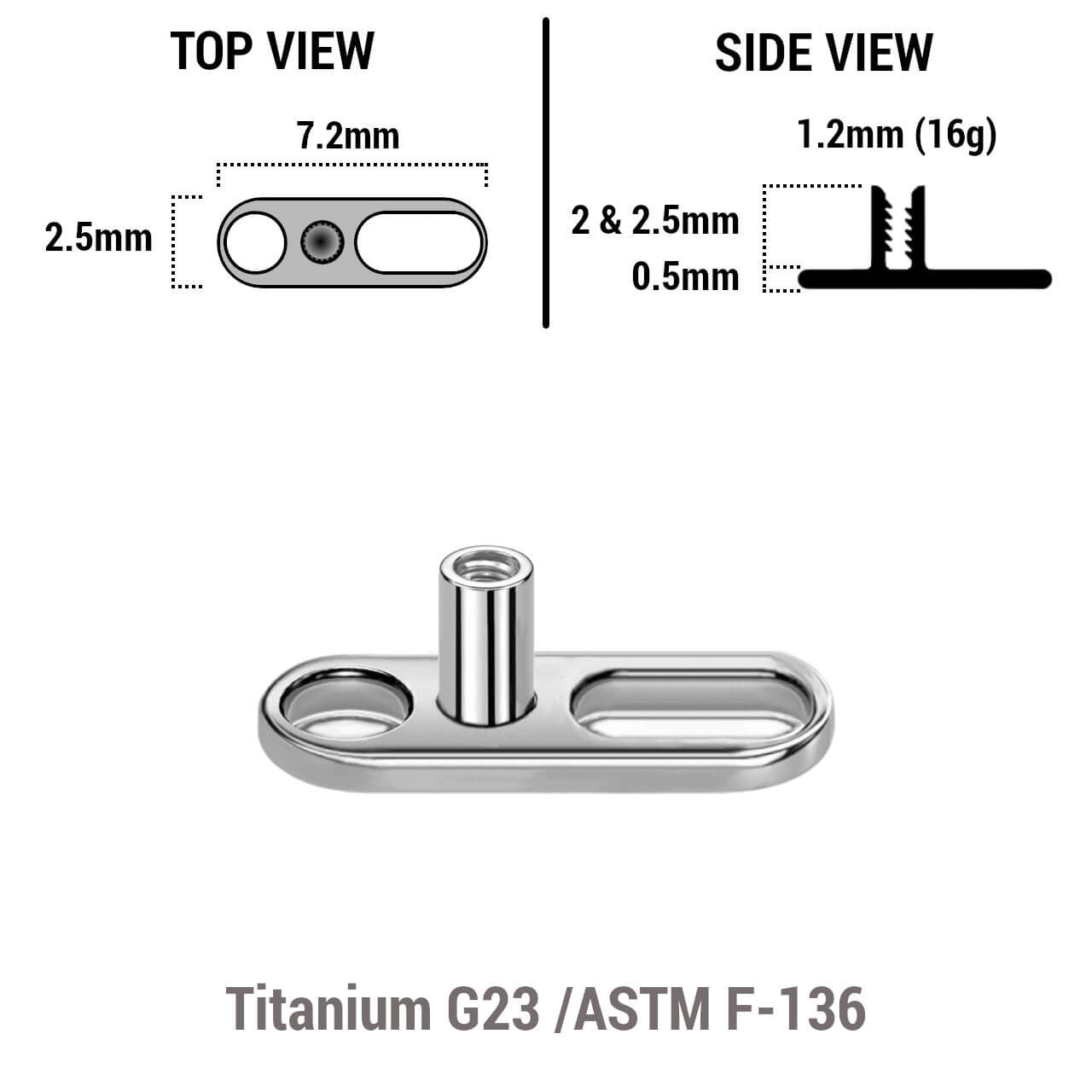 Pack of 10 high polished titanium G23 dermal anchor base plates with a length of 7.2mm with 1 round hole and one elongated hole. External size of the pin is 1.2mm and internal thread size is 0.9mm