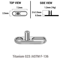 Pack of 10 high polished titanium G23 dermal anchor base plates with a length of 7.2mm with 1 round hole and one elongated hole. External size of the pin is 1.2mm and internal thread size is 0.9mm
