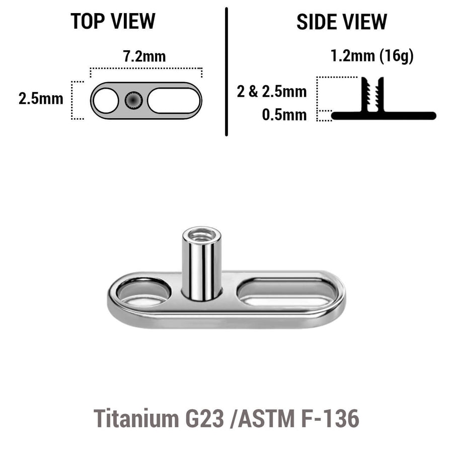 Pack of 10 high polished titanium G23 dermal anchor base plates with a length of 7.2mm with 1 round hole and one elongated hole. External size of the pin is 1.2mm and internal thread size is 0.9mm