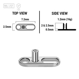Pack of 10 high polished titanium G23 dermal anchor base plates with a length of 7.2mm with 1 round hole and one elongated hole. External size of the pin is 1.2mm and internal thread size is 0.9mm - G23 ASTM F-136 implant grade titanium body jewelry