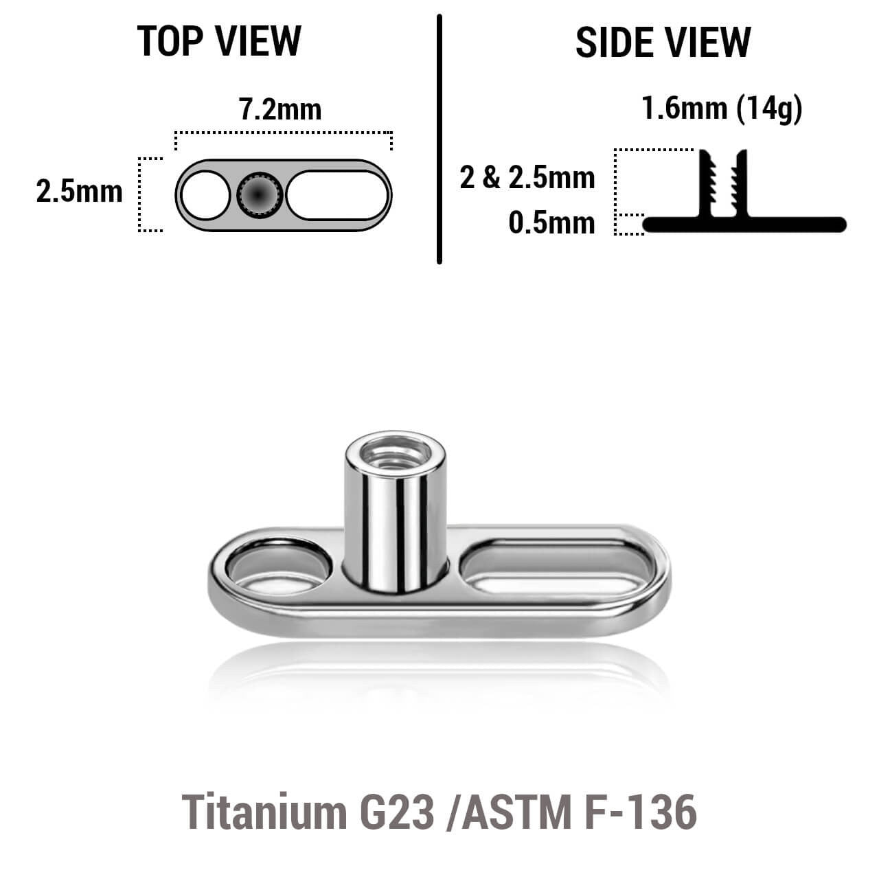 Pack of 10 high polished titanium G23 dermal anchor base plates with a length of 7.2mm with 1 round hole and one elongated hole. External size of the pin is 1.6mm and internal thread size is 1.2mm