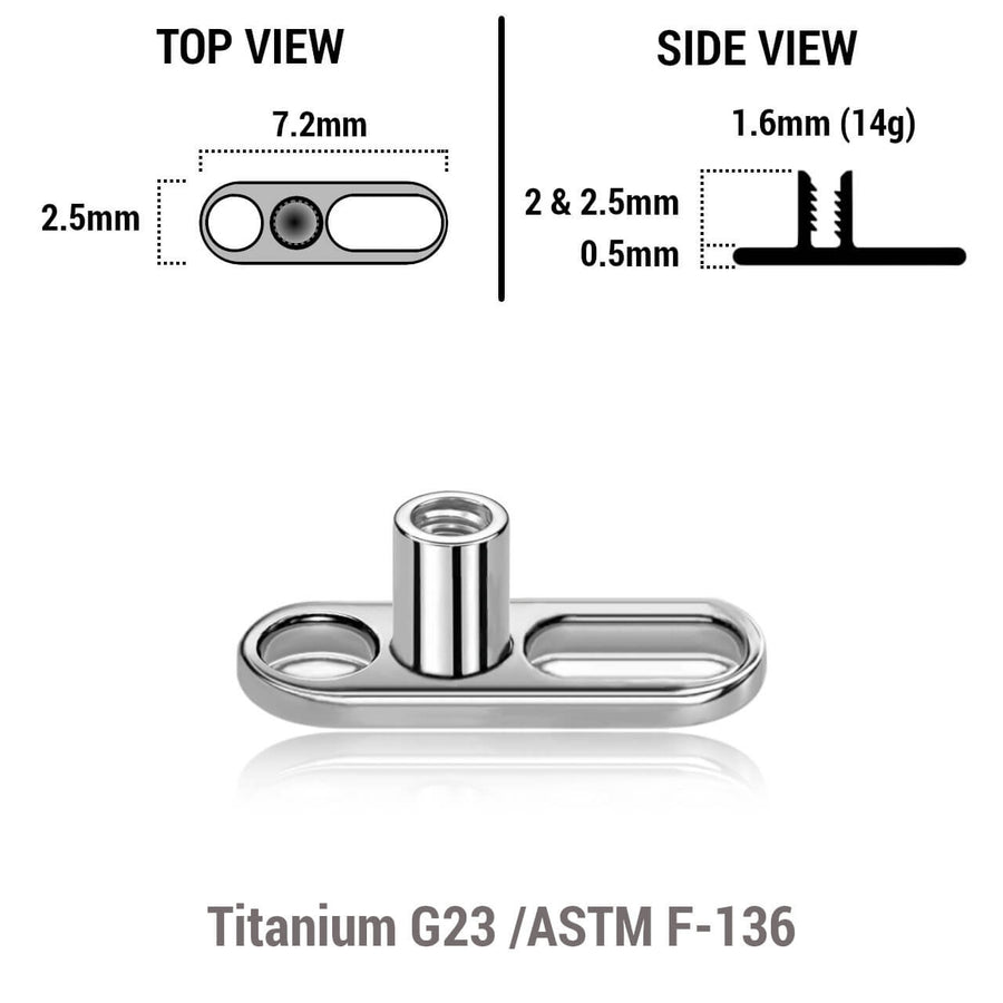 Pack of 10 high polished titanium G23 dermal anchor base plates with a length of 7.2mm with 1 round hole and one elongated hole. External size of the pin is 1.6mm and internal thread size is 1.2mm