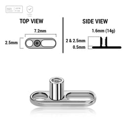 Pack of 10 high polished titanium G23 dermal anchor base plates with a length of 7.2mm with 1 round hole and one elongated hole. External size of the pin is 1.6mm and internal thread size is 1.2mm - G23 ASTM F-136 implant grade titanium body jewelry