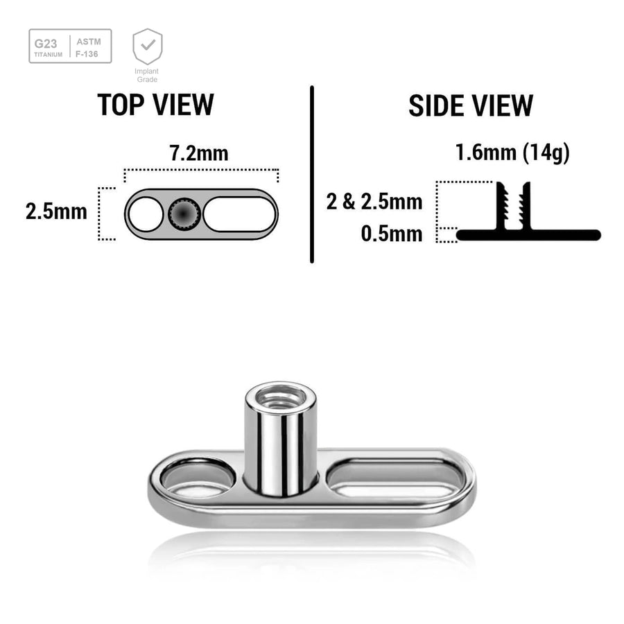 Pack of 10 high polished titanium G23 dermal anchor base plates with a length of 7.2mm with 1 round hole and one elongated hole. External size of the pin is 1.6mm and internal thread size is 1.2mm - G23 ASTM F-136 implant grade titanium body jewelry
