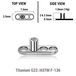 Pack of 10 high polished titanium G23 dermal anchor base plates with a length of 7.2mm with 3 round holes. External size of the pin is 1.6mm and internal thread size is 1.2mm