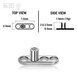 Pack of 10 high polished titanium G23 dermal anchor base plates with a length of 7.2mm with 3 round holes. External size of the pin is 1.6mm and internal thread size is 1.2mm - G23 ASTM F-136 implant grade titanium body jewelry