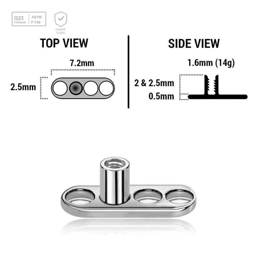 Pack of 10 high polished titanium G23 dermal anchor base plates with a length of 7.2mm with 3 round holes. External size of the pin is 1.6mm and internal thread size is 1.2mm - G23 ASTM F-136 implant grade titanium body jewelry