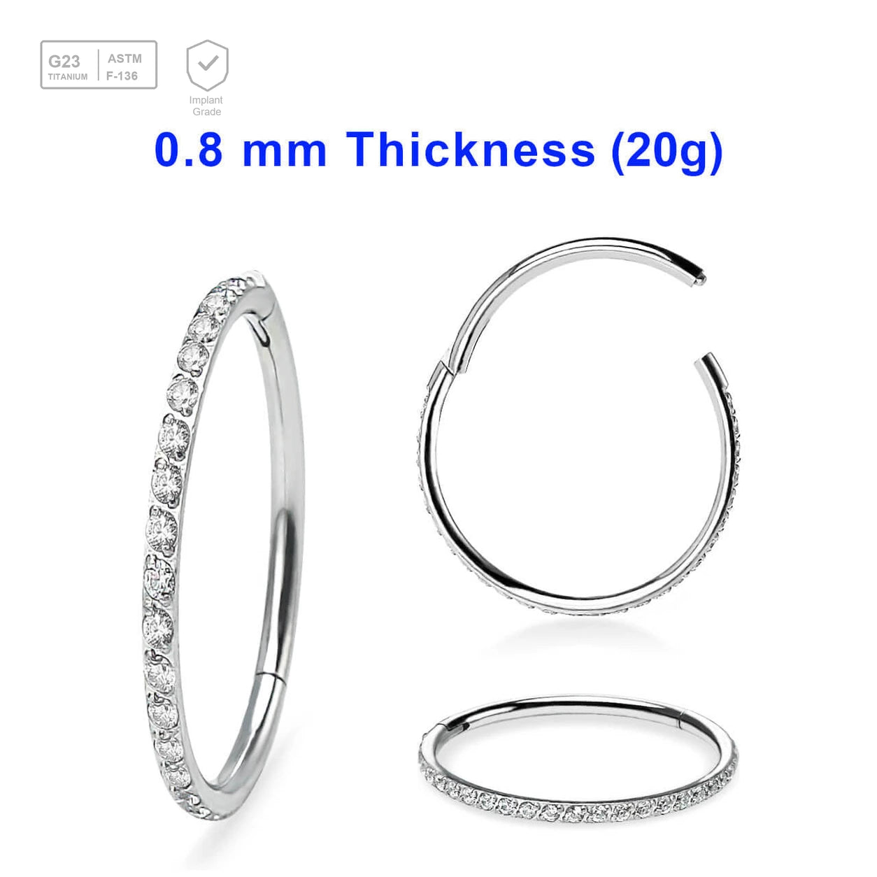 Wholesale Pack of 5 Titanium G23 hinged segment rings with outward facing prong set CZ on 3/4 of the circumference, Thickness 0.8mm - G23 ASTM F-136 implant grade titanium body jewelry