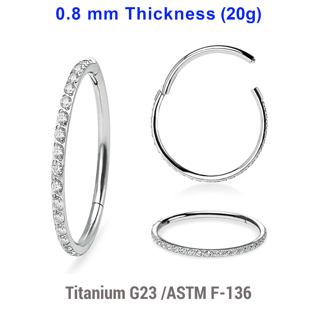 Wholesale Pack of 5 Titanium G23 hinged segment rings with outward facing prong set CZ on 3/4 of the circumference, Thickness 0.8mm