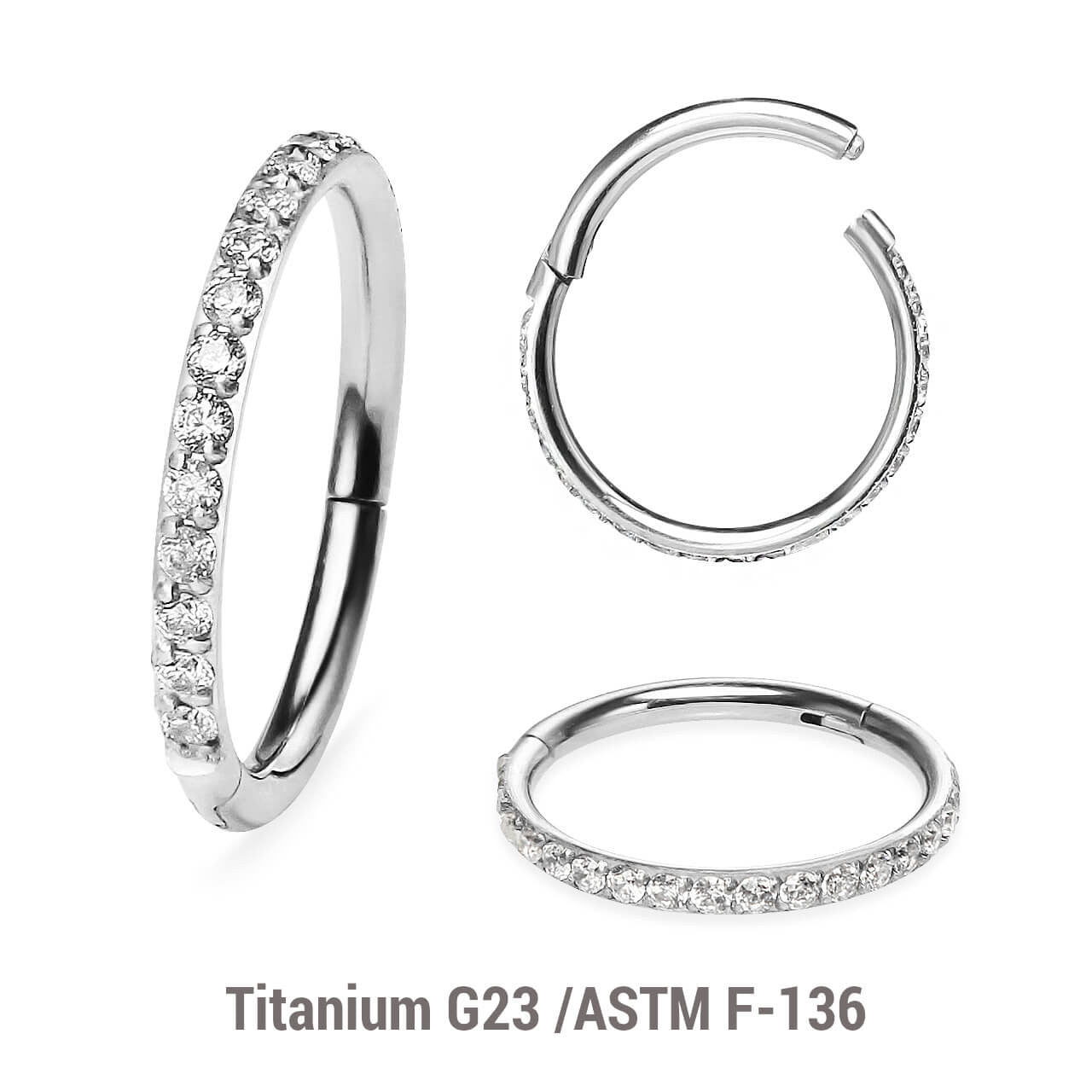 Wholesale Pack of 5 Titanium G23 hinged segment rings with outward facing prong set CZ on 3/4 of the circumference