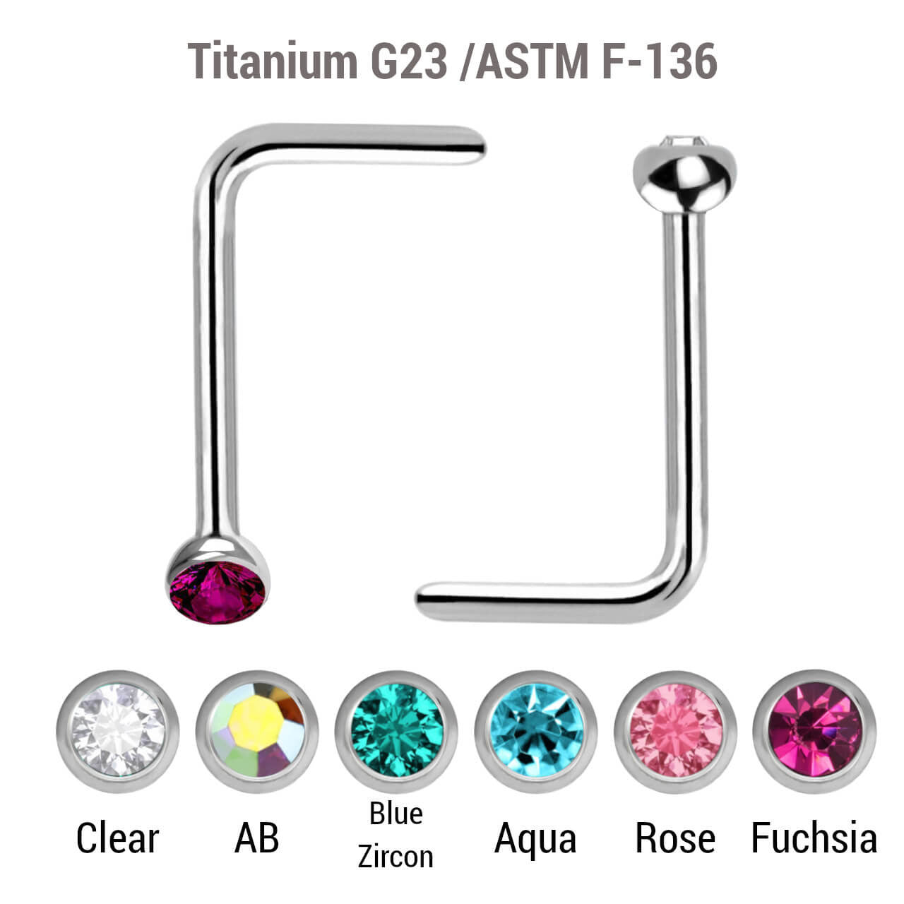 Wholesale Nose Jewelry Pack of 10 Titanium G23 L shape nose studs  with 2mm ball shaped top with bezel set crystal, thickness 0.8mm