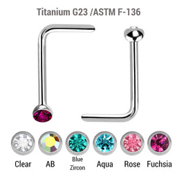 Wholesale Nose Jewelry Pack of 10 Titanium G23 L shape nose studs  with 2mm ball shaped top with bezel set crystal, thickness 0.8mm