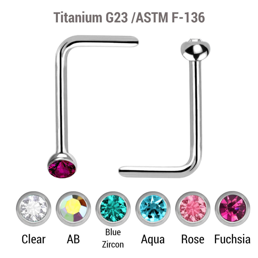 Wholesale Nose Jewelry Pack of 10 Titanium G23 L shape nose studs  with 2mm ball shaped top with bezel set crystal, thickness 0.8mm