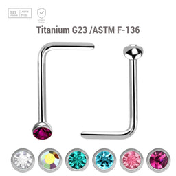 Wholesale Nose Jewelry Pack of 10 Titanium G23 L shape nose studs  with 2mm ball shaped top with bezel set crystal, thickness 0.8mm - G23 ASTM F-136 implant grade titanium body jewelry