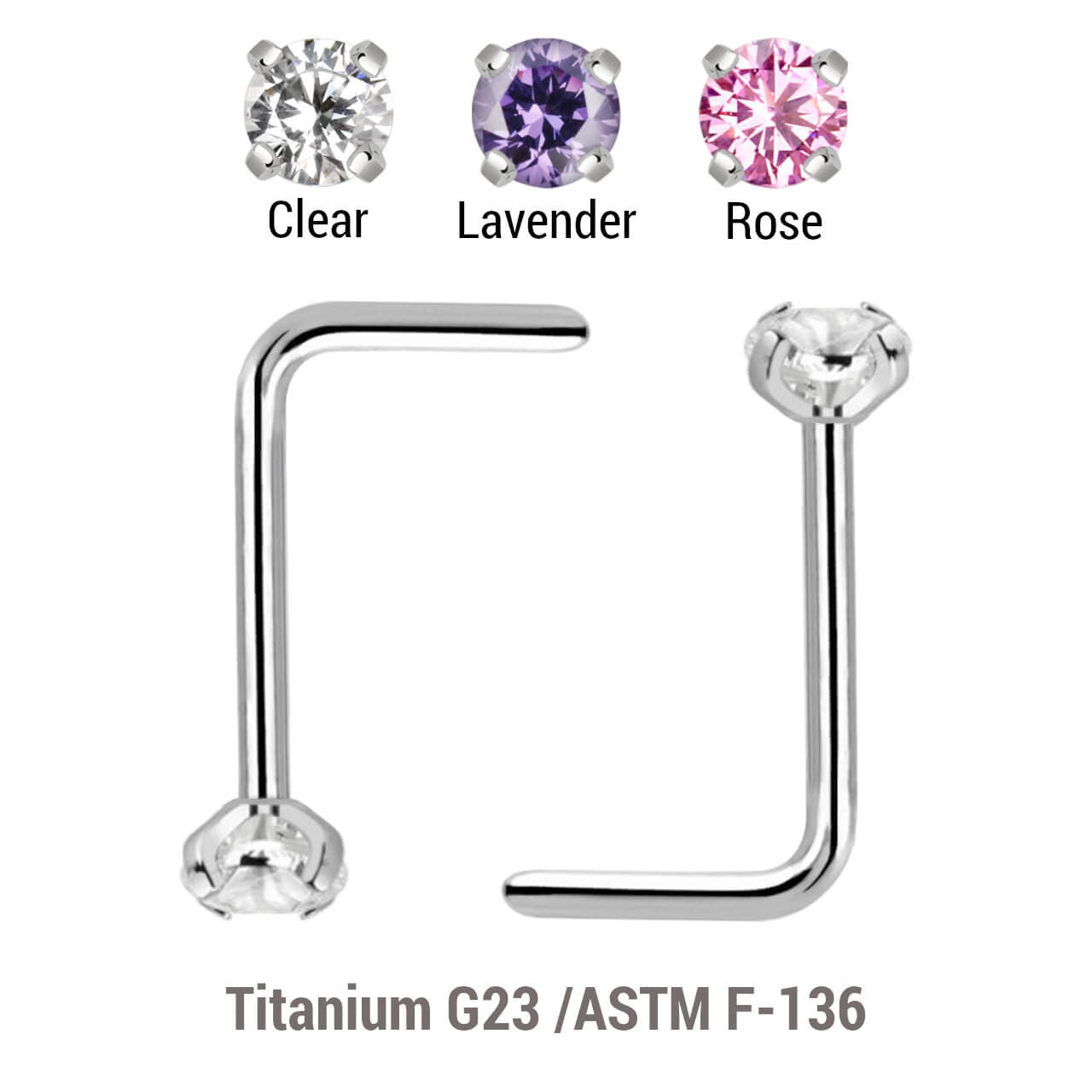 Wholesale Nose Jewelry Pack of 10 Titanium G23 L shape nose studs with 2mm prong set CZ stone, thickness 0.8mm
