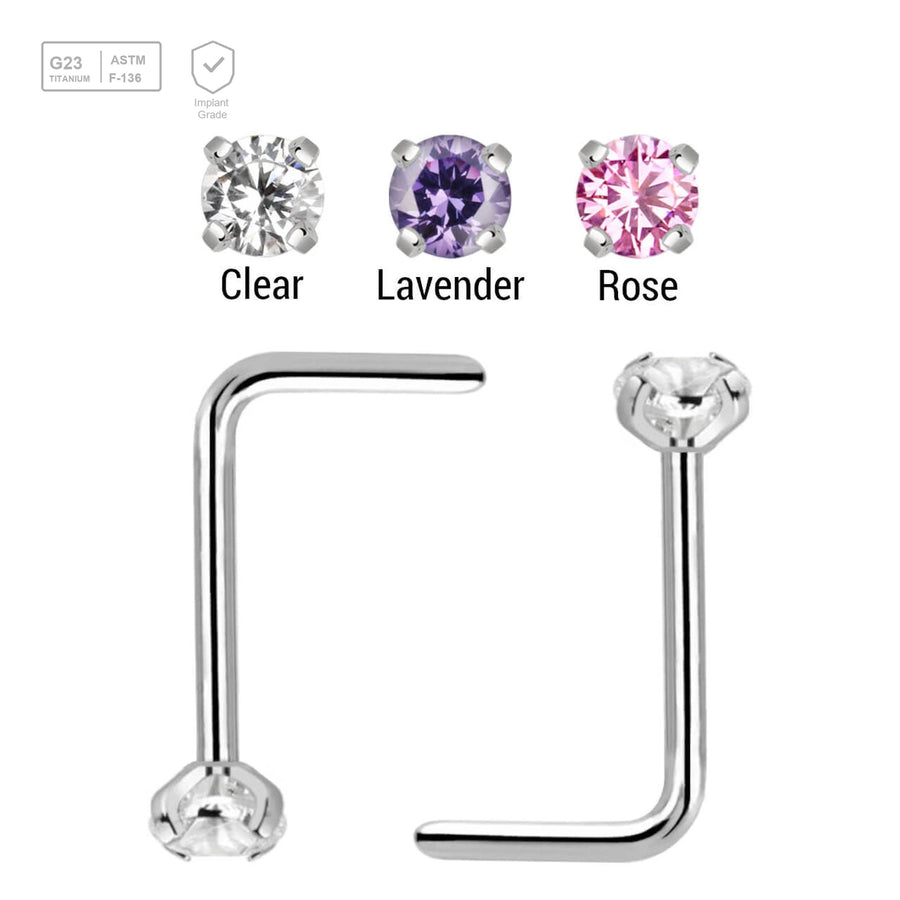Wholesale Nose Jewelry Pack of 10 Titanium G23 L shape nose studs with 2mm prong set CZ stone, thickness 0.8mm - G23 ASTM F-136 implant grade titanium body jewelry
