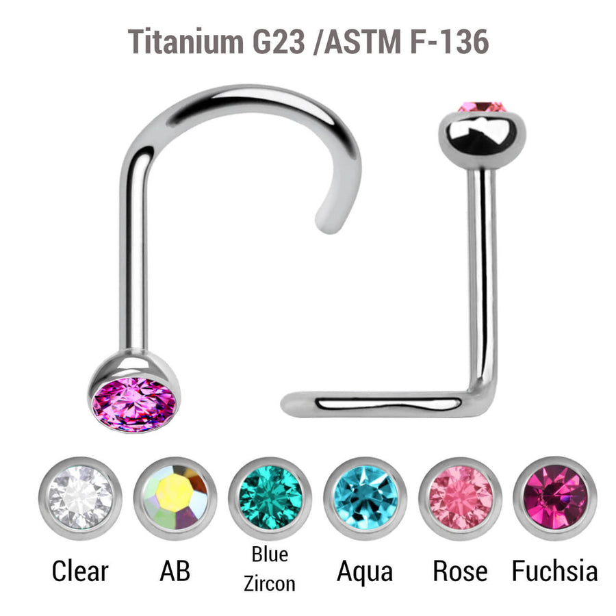 Wholesale Nose Jewelry Lot of 10 Titanium G23 nose screws with 2.5mm rounded top with bezel set crystal, thickness 0.8mm