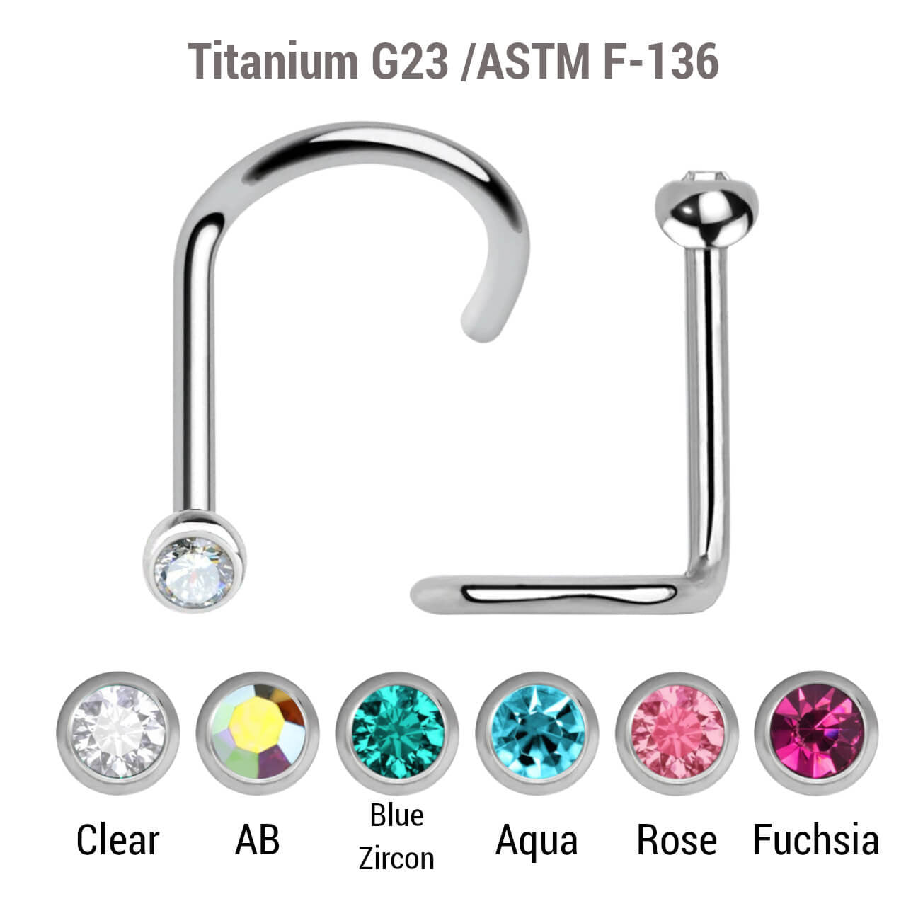 Wholesale Nose Jewelry Lot of 10 Titanium G23 nose screws with 2mm rounded top with bezel set crystal, thickness 0.8mm