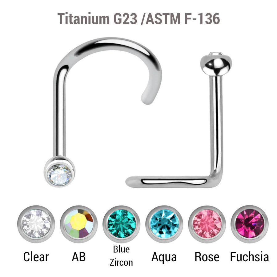Wholesale Nose Jewelry Lot of 10 Titanium G23 nose screws with 2mm rounded top with bezel set crystal, thickness 0.8mm