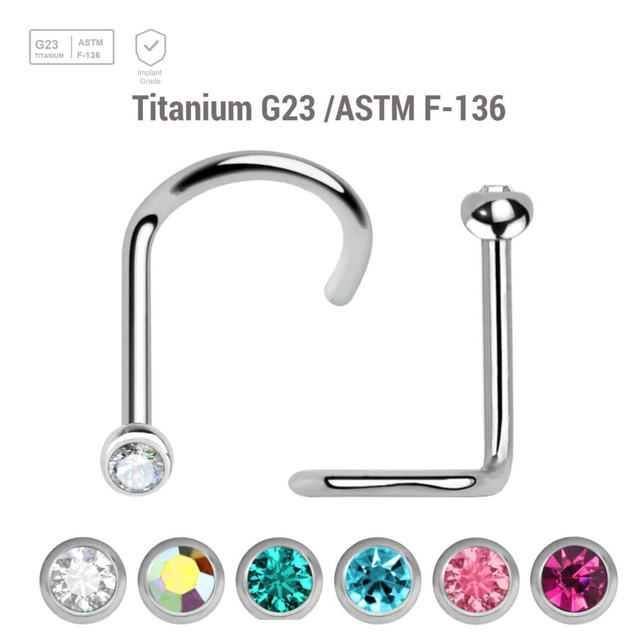 Wholesale Nose Jewelry Lot of 10 Titanium G23 nose screws with 2mm rounded top with bezel set crystal, thickness 0.8mm - G23 ASTM F-136 implant grade titanium body jewelry
