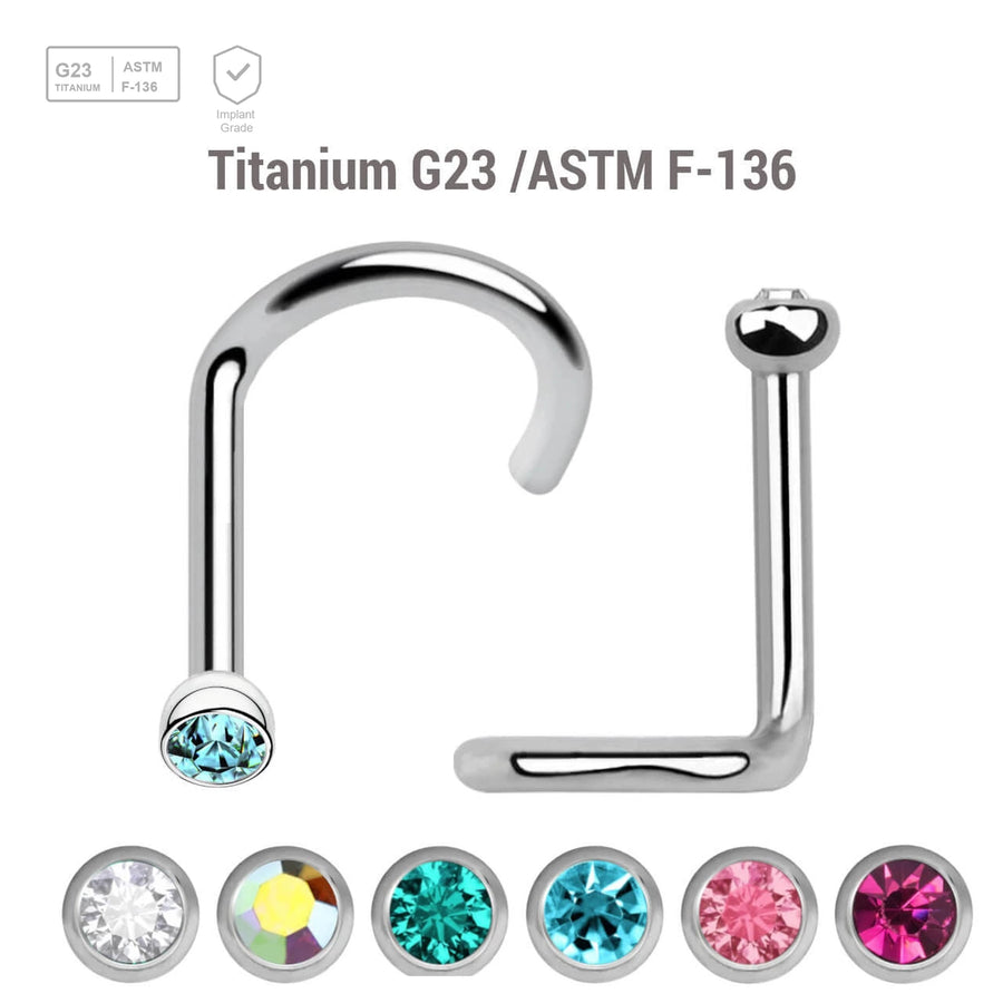 Pack of 10 Titanium G23 nose screws with 2mm rounded top with bezel set crystal, thickness 1mm - G23 ASTM F-136 implant grade titanium body jewelry
