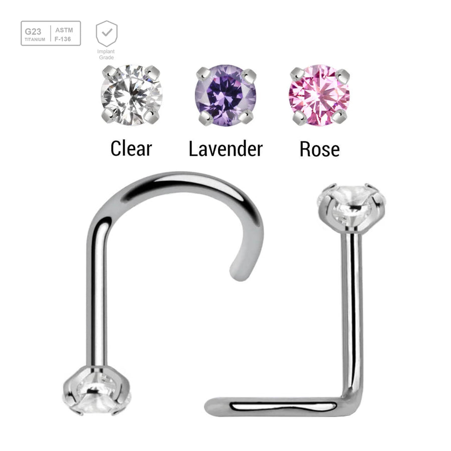 Wholesale Nose Jewelry Set of 10 Titanium G23 nose screws with 2mm prong set CZ stone, thickness 0.8mm - G23 ASTM F-136 implant grade titanium body jewelry